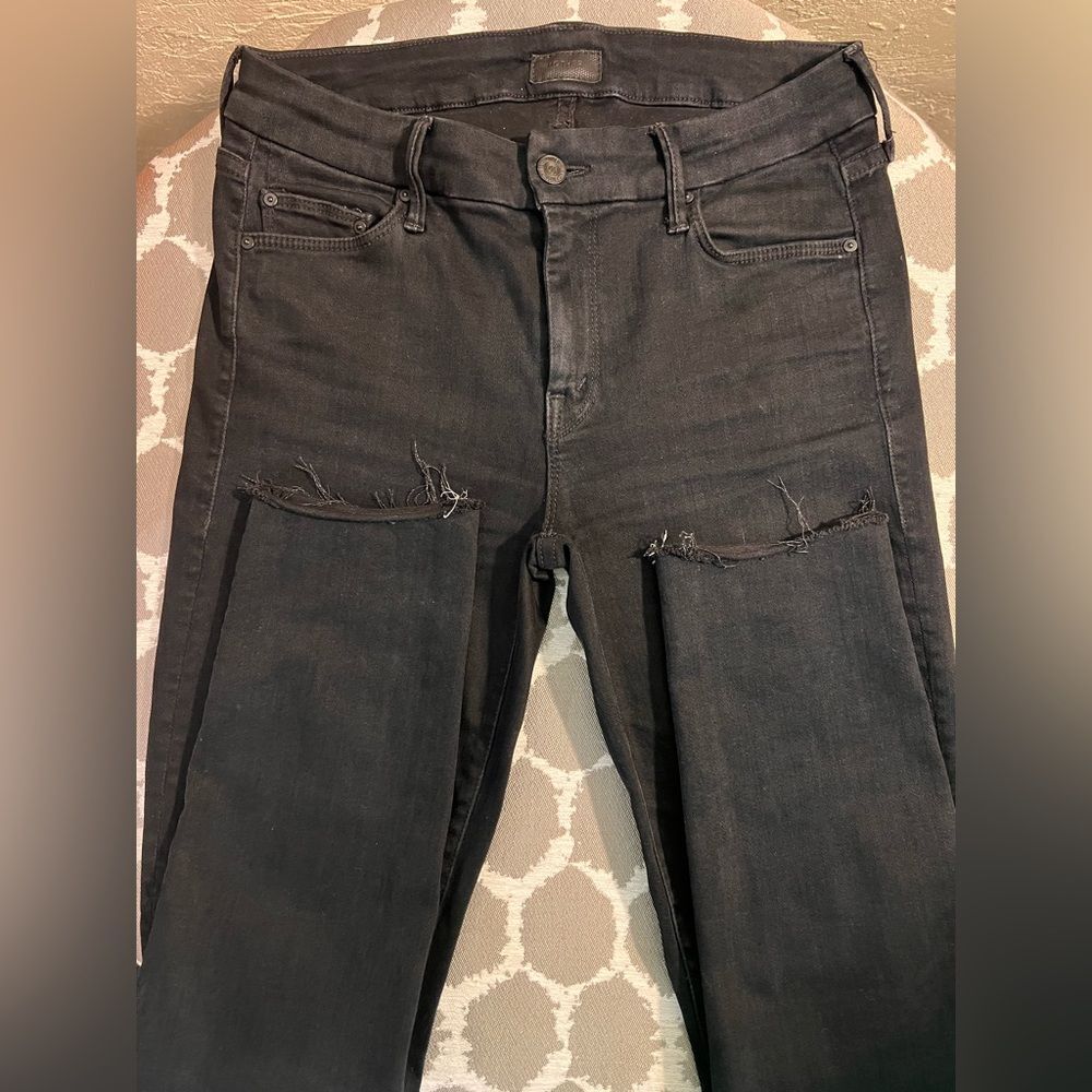 MOTHER  Black Ankle Looker Ankle Fray Blackbird Jeans designer quality premium